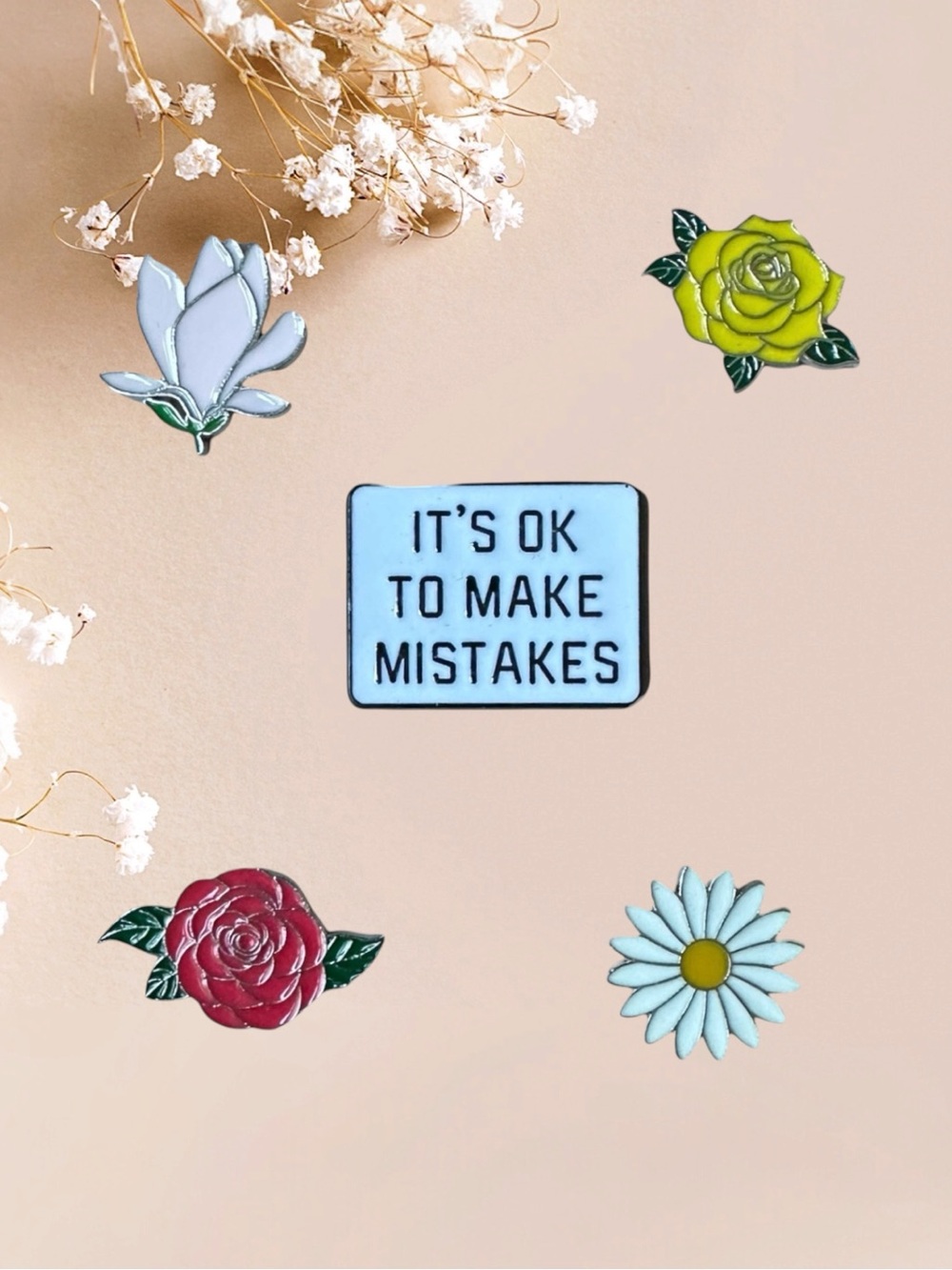 Whimsical Enamel Pin Bundle - 5pc Floral & Inspirational Quote Set
